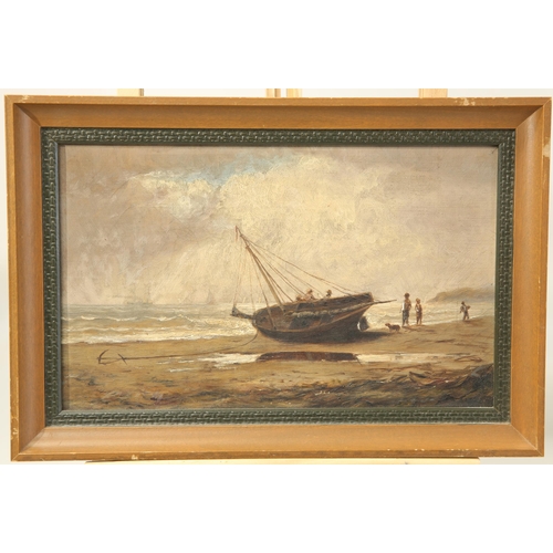 2091 - ENGLISH SCHOOL (19TH CENTURY) FISHING BOAT ON THE BEACH Oil on canvas
 (20cm x 32cm)... 