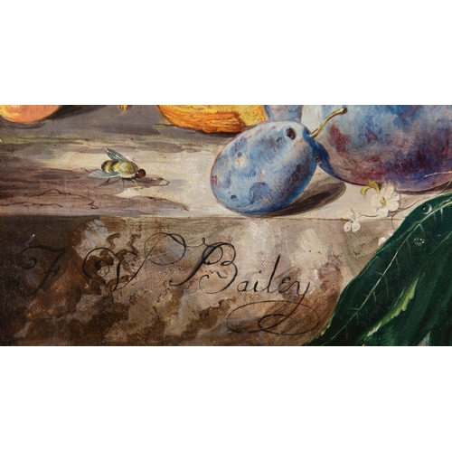 2105 - Y FREDERICK VICTOR BAILEY (1919-1996) STILL LIFE OF FRUIT ON A LEDGE Signed
Oil on canvas
 (49cm x 3... 