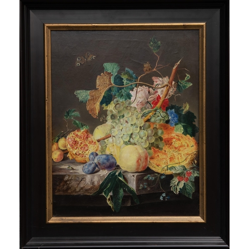 2105 - Y FREDERICK VICTOR BAILEY (1919-1996) STILL LIFE OF FRUIT ON A LEDGE Signed
Oil on canvas
 (49cm x 3... 