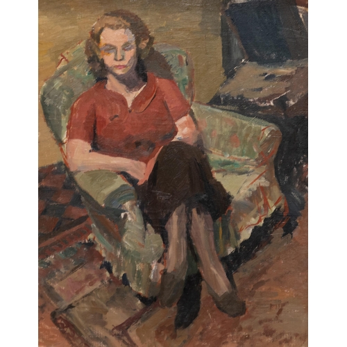 2123 - BRITISH SCHOOL (19TH/20TH CENTURY) WOMAN IN INTERIOR Oil on canvas(71cm x 46cm)