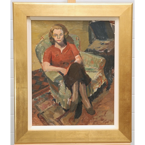 2129 - BLOOMSBURY SCHOOL WOMAN IN AN INTERIOR Oil on board(47.5cm x 37.5cm)