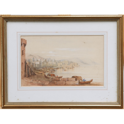 2144 - 19TH CENTURY SCHOOL MEDITERRANEAN COAST SCENE Watercolour
 (14cm x 23cm)