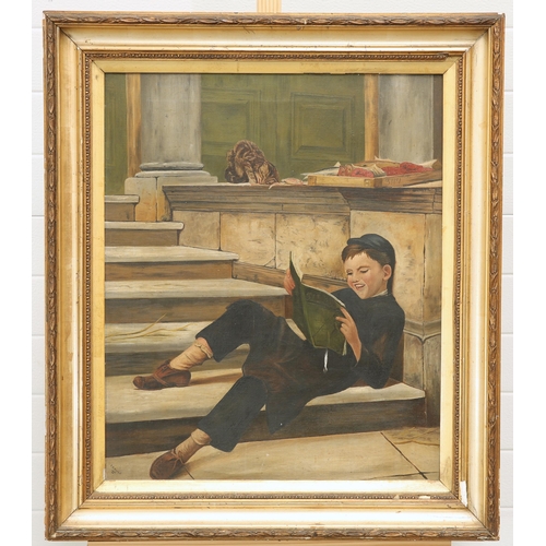 2147 - 19TH/20TH CENTURY BRITISH SCHOOL BOY READING ON STEPS Oil on canvas(59cm x 49cm)