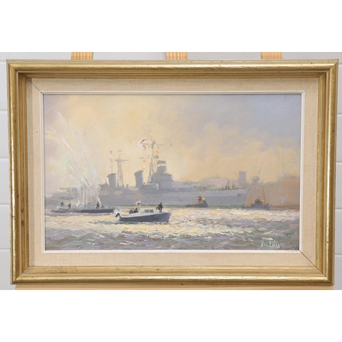 2180 - Y VIC ELLIS (1921-1984) HMS BELFAST UNDER TOW Signed
Oil on canvas board(26.5cm x 42.5cm)... 