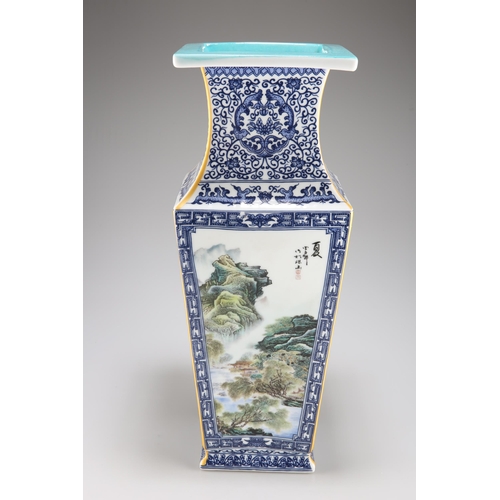 109 - A CHINESE 'FOUR SEASONS' SQUARE BALUSTER VASE, painted to each side with a landscape representing on... 