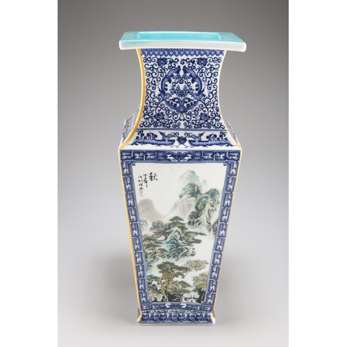 109 - A CHINESE 'FOUR SEASONS' SQUARE BALUSTER VASE, painted to each side with a landscape representing on... 