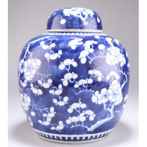 139 - A CHINESE BLUE AND WHITE GINGER JAR AND COVER, typical form, decorated with prunus, bears blue four ... 