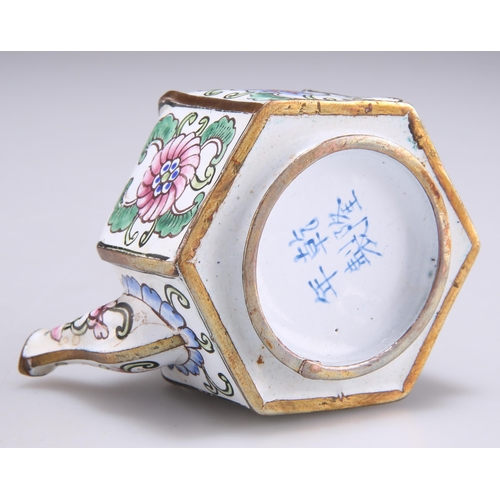 154 - A CHINESE ENAMEL WATER DROPPER, in the form of a hexagonal teapot, the panels painted with flowers, ... 