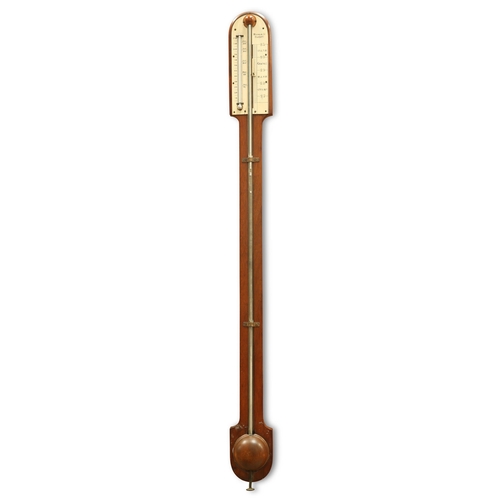 300 - A LATE 19TH CENTURY MAHOGANY STICK BAROMETER, signed Marks & Co, Cardiff, ivory dial with a ther... 