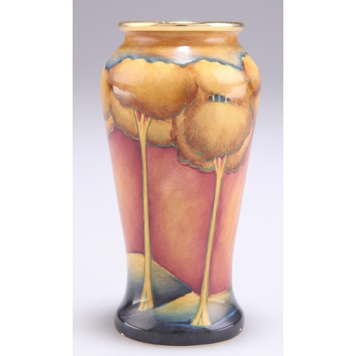 87 - A MINIATURE MOORCROFT EVENTIDE PATTERN VASE, tall baluster form with a gilt rim, printed marks and d... 