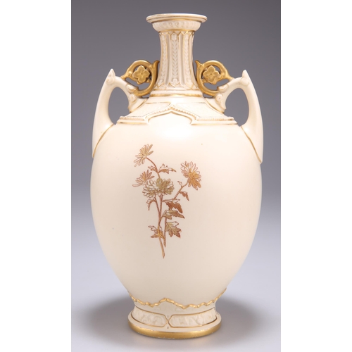 95 - A ROYAL WORCESTER BLUSH IVORY TWO-HANDLED VASE, ovoid form with angular scroll handles and a flared ... 