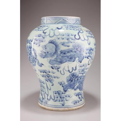 100 - A LARGE CHINESE BLUE AND WHITE VASE, of baluster form, painted in underglaze blue with qilins and cl... 