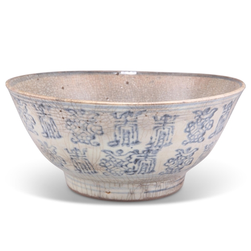 103 - A KOREAN CRACKLE GLAZED BOWL, the exterior decorated with bands of blue glazed characters, on a grey... 