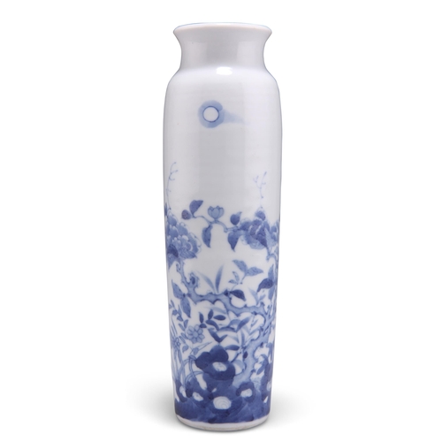 107 - A CHINESE TRANSITIONAL BLUE AND WHITE VASE, cylindrical with short waisted neck, painted in undergla... 