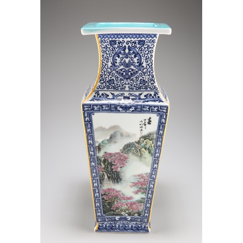 109 - A CHINESE 'FOUR SEASONS' SQUARE BALUSTER VASE, painted to each side with a landscape representing on... 