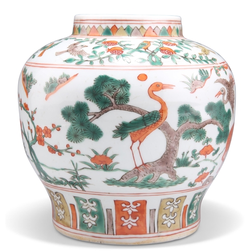 129 - A CHINESE FAMILLE VERTE VASE, possibly 18th Century, painted with cranes, birds, deer and prunus tre... 