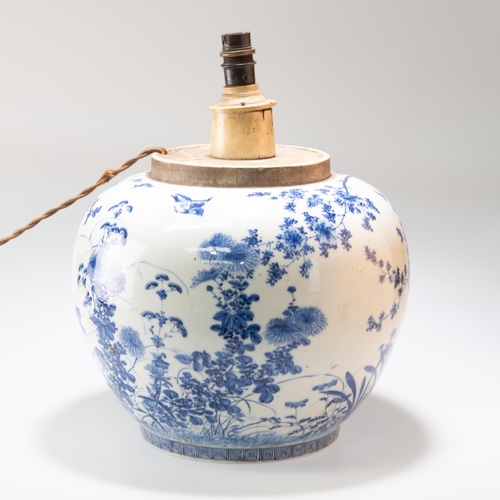 133 - A CHINESE BLUE AND WHITE PORCELAIN JAR, PROBABLY 18TH CENTURY, now converted to a lamp, globular for... 