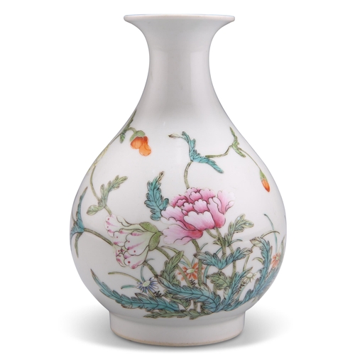 136 - A CHINESE FAMILLE ROSE 'FLOWER' VASE, YUHUCHUNPING, decorated with peony and other plants, bears a s... 