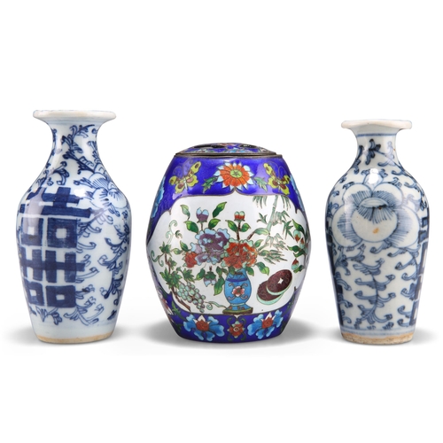 143 - TWO 19TH CENTURY CHINESE BLUE AND WHITE BOTTLE VASES, painted with double happiness characters among... 