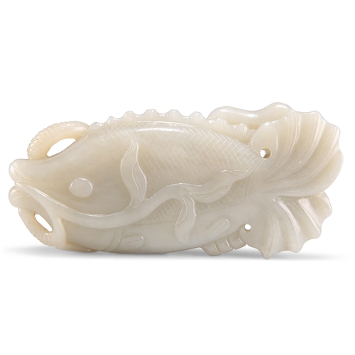 148 - A JADE FISH AND LOTUS CARVING. 13.5cm by 6cm