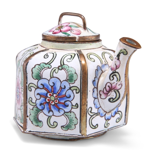 154 - A CHINESE ENAMEL WATER DROPPER, in the form of a hexagonal teapot, the panels painted with flowers, ... 