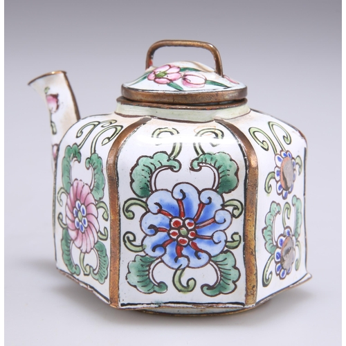 154 - A CHINESE ENAMEL WATER DROPPER, in the form of a hexagonal teapot, the panels painted with flowers, ... 