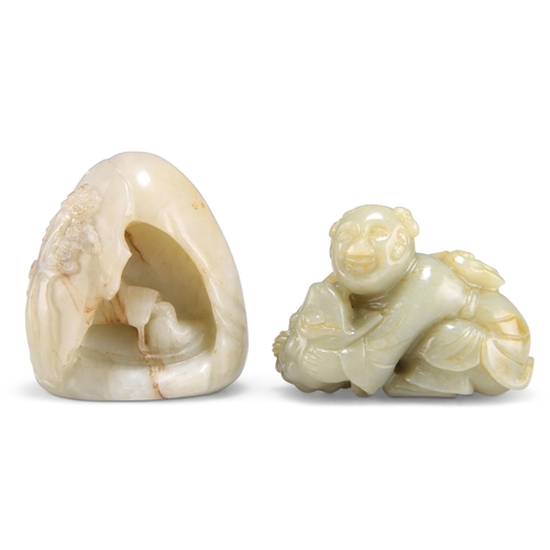 160 - A JADE CARVING OF A BOY, MONKEY AND LOTUS, 4.5cm by 6cm by 3.5cm; and A JADE BOULDER CARVING OF A FI... 