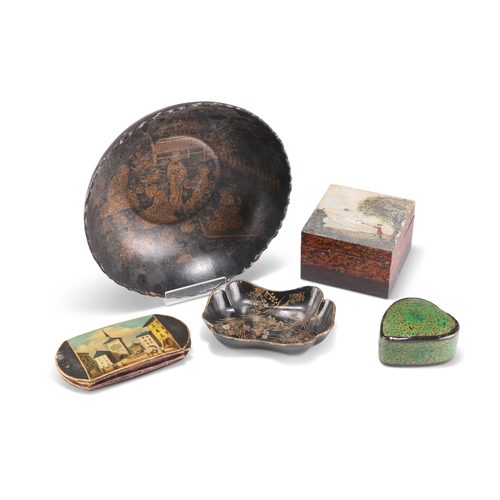 170 - A GROUP OF 19TH CENTURY PAPIER-MÂCHÉ ITEMS, comprising: A PAPIER-MÂCHÉ AND LEATHER CHEROOT HOLDER, t... 