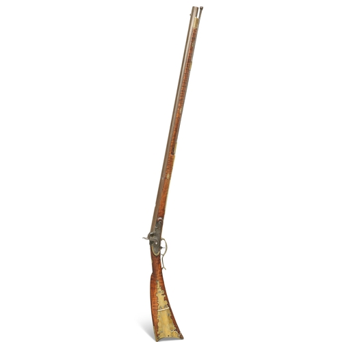 191 - A PERCUSSION KENTUCKY MUSKET, figured full stock with brass mounts, steel ramrod. 123cm overall... 