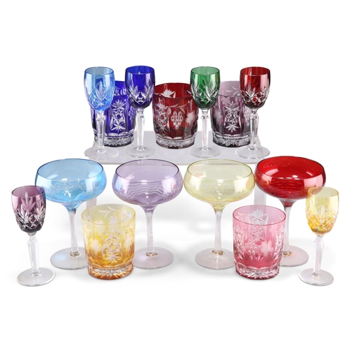 2 - A COLLECTION OF FIFTEEN COLOURED DRINKING GLASSES, including five flash-glass tumblers, etc. (15)... 