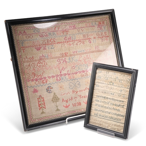 203 - AN EARLY VICTORIAN ALPHABET AND PICTORIAL SAMPLER, WORKED BY ANNE BYCROFT, aged 7 years, 1838, with ... 