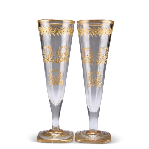 21 - A PAIR OF VERY LARGE BACCARAT FLUTED WINE GLASSES, early 19th Century, the tapering bowls decorated ... 