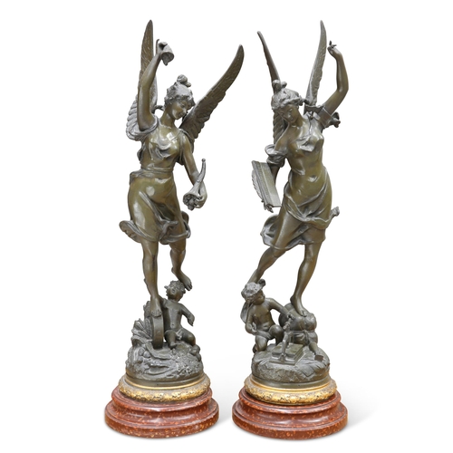 285 - A PAIR OF FRENCH PATINATED METAL FIGURES, CIRCA 1900, each depicting a winged classical maiden with ... 