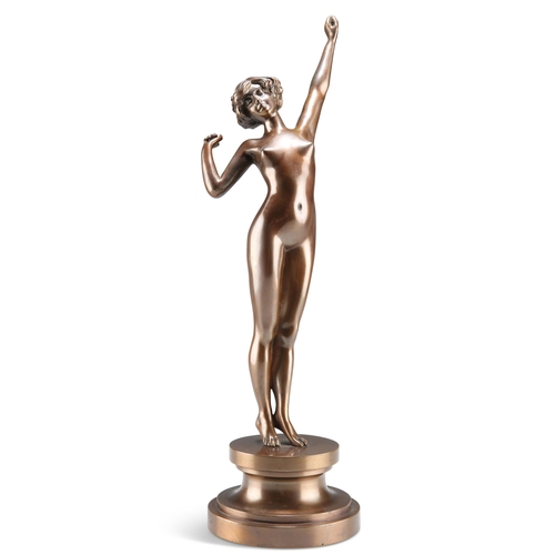 288 - AN ART DECO STYLE BRONZE OF A NUDE, modelled as a young woman on tip toes stretching, unsigned, on a... 