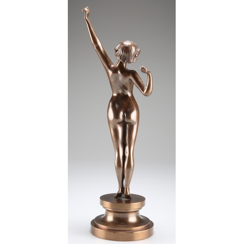 288 - AN ART DECO STYLE BRONZE OF A NUDE, modelled as a young woman on tip toes stretching, unsigned, on a... 