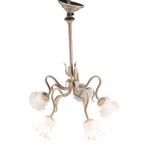 293 - AN ART NOUVEAU BRASS FIVE-LIGHT CHANDELIER, each sinuous branch with leaf-mount, the frosted and mou... 