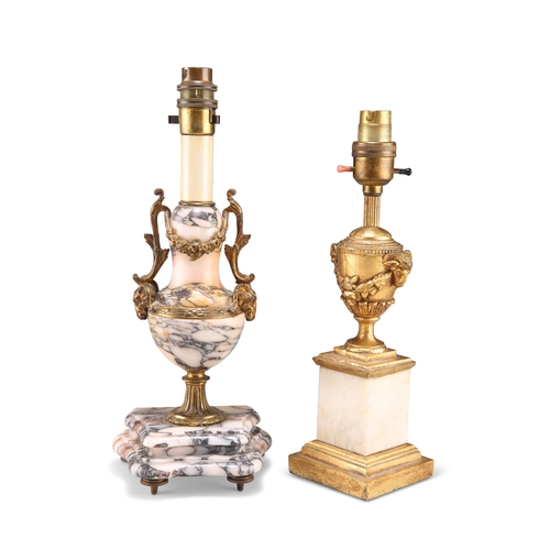 296 - A LATE 19TH CENTURY GILT-METAL MOUNTED MARBLE TABLE LAMP; together with A GILT AND ONYX TABLE LAMP. ... 