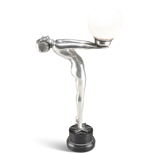 299 - AN ART DECO STYLE PATINATED FIGURAL TABLE LAMP, the sinuous figure modelled holding aloft a globe, o... 