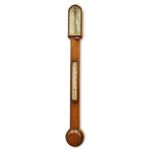 301 - A 19TH CENTURY ROSEWOOD STICK BAROMETER, SIGNED S. LAINTON, HALIFAX, the case with arch-top and twin... 