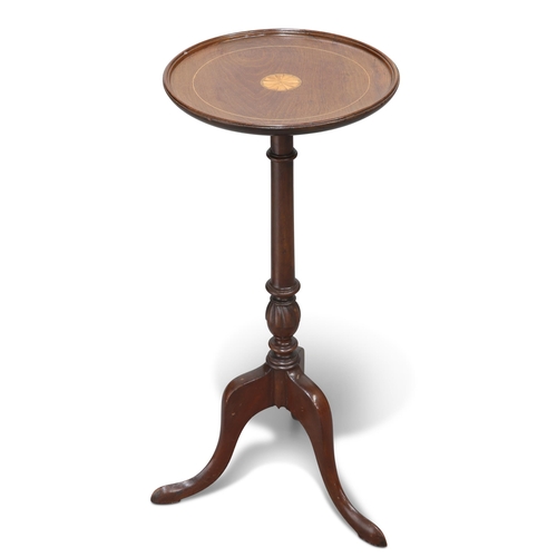 313 - A GEORGE III STYLE INLAID MAHOGANY TRIPOD TABLE, the dished circular top raised on a slender columna... 