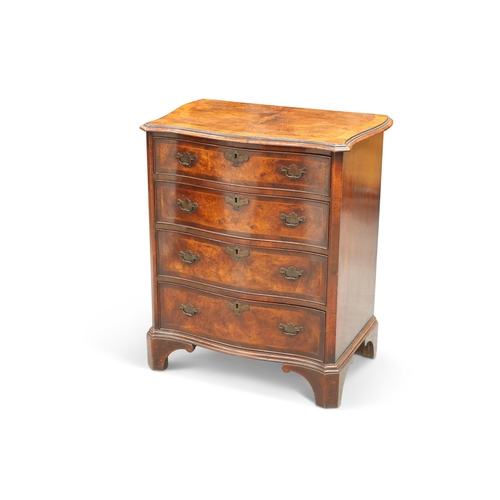 356 - AN 18TH CENTURY STYLE BURR WALNUT SERPENTINE CHEST OF DRAWERS, the crossbanded quarter-veneered top ... 