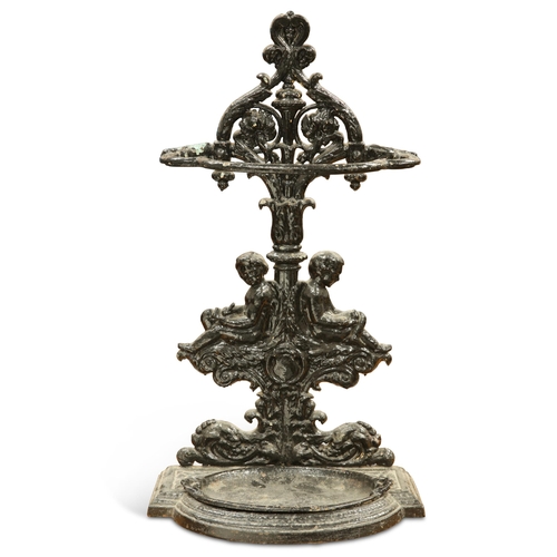 41 - A VICTORIAN CAST IRON STICK STAND, cast with the figures of two putti. Height 86cm... 