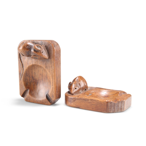 493 - ROBERT THOMPSON OF KILBURN, TWO MOUSEMAN OAK ASHTRAYS, CIRCA 1940S, of characteristic form, with car... 