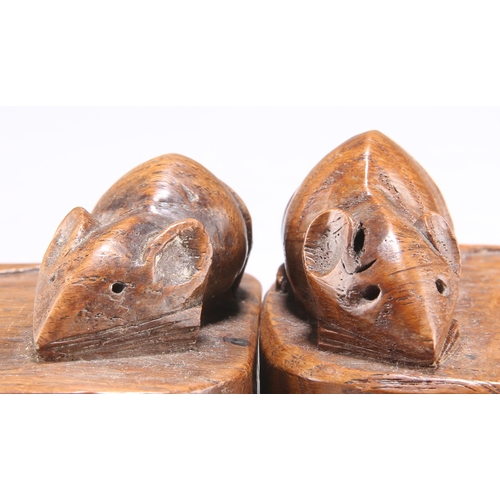 493 - ROBERT THOMPSON OF KILBURN, TWO MOUSEMAN OAK ASHTRAYS, CIRCA 1940S, of characteristic form, with car... 