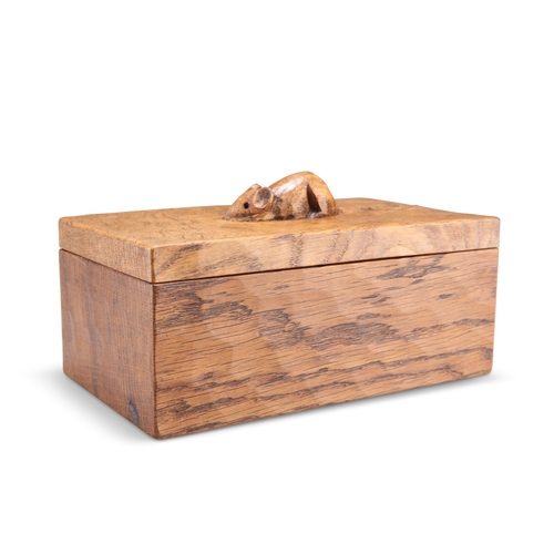 496 - ROBERT THOMPSON OF KILBURN, A VINTAGE MOUSEMAN OAK TRINKET BOX, rectangular with lift-off cover, car... 