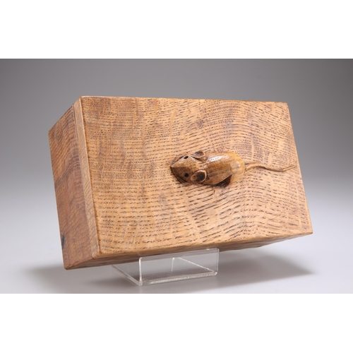 496 - ROBERT THOMPSON OF KILBURN, A VINTAGE MOUSEMAN OAK TRINKET BOX, rectangular with lift-off cover, car... 