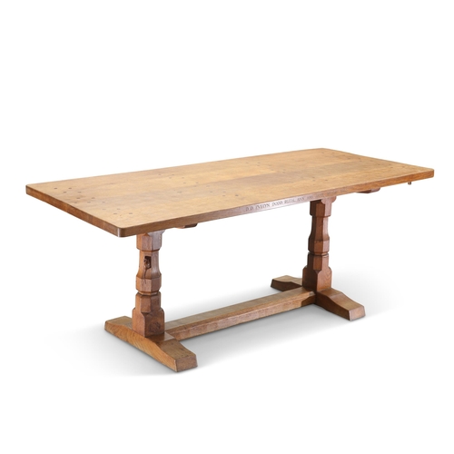 498 - ROBERT THOMPSON OF KILBURN, A 1960S MOUSEMAN OAK 6-FOOT DINING TABLE, the dowelled top inscribed to ... 