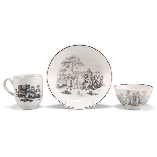 57 - THREE PIECES OF WORCESTER, CIRCA 1760, comprising a coffee cup and tea bowl black printed with the '... 