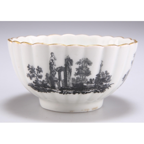 58 - A WORCESTER TEA BOWL, OF LARGE SIZE, CIRCA 1770, fluted circular form, black printed with the 'Europ... 