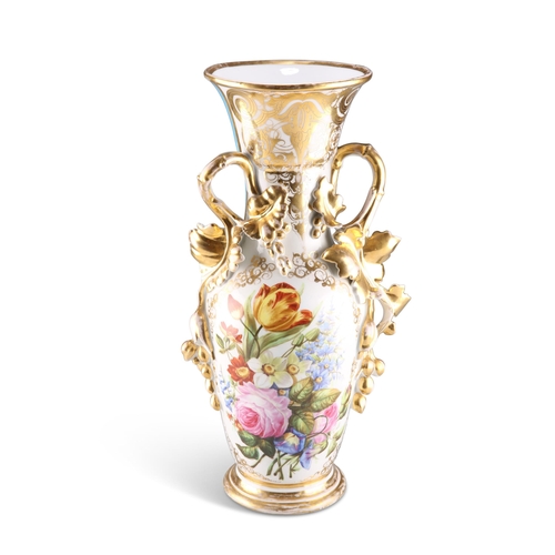 61 - A FRENCH PORCELAIN VASE, MID-19TH CENTURY, of baluster form with foliate-form handles, painted with ... 